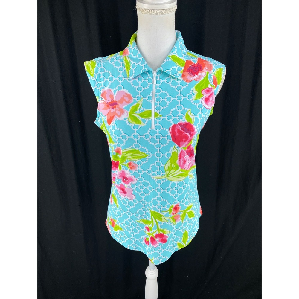 IBKUL Womens S 1/4 Zip Sleeveless Polo Tennis Pickleball Top Floral AOP Stretch